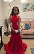 Elegant Halter Mermaid Long Prom Dresses Velvet Sequin Burgundy Evening Dresses cg26121