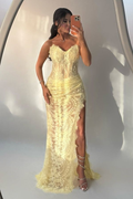 Elegant Daffodil Lace Sweetheart Sleeveless Prom Dress with Split cg26110