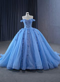 Glitter Blue Ball Gown Tulle Off the Shoulder Sequins Appliques Prom Dress  cc1724