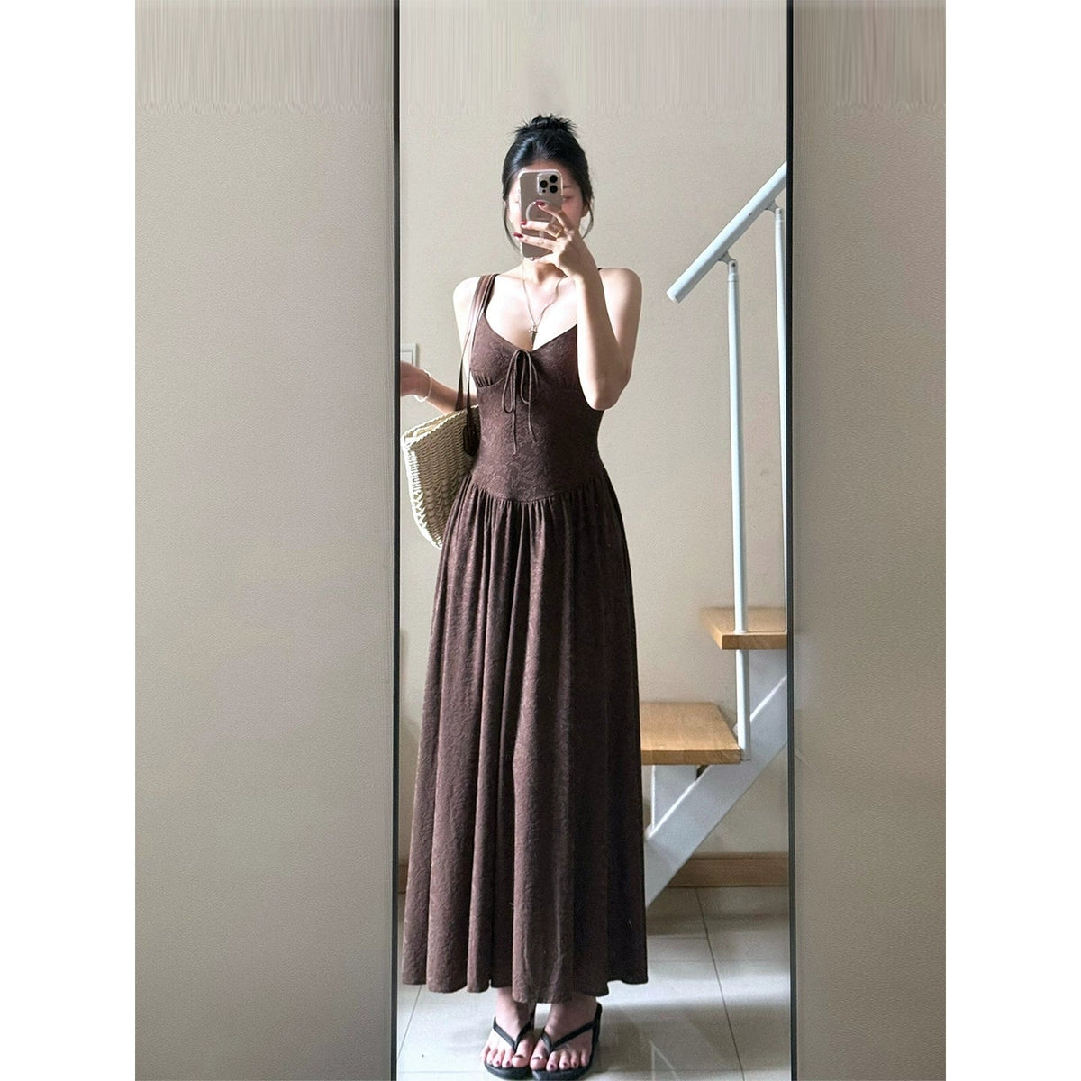 Brown stretch camisole dress, V-neck, tie-waist long dress G035