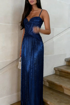 Luxurious Spaghetti Straps Sequin Beaded Tassel Gold Long Evening Dress Prom Gown SP792