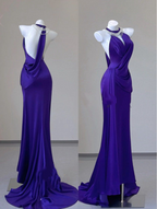 Vintage Sheath Halter Grape Satin Long Prom Dresses Evening Gown Formal Party Dress With Ruffles