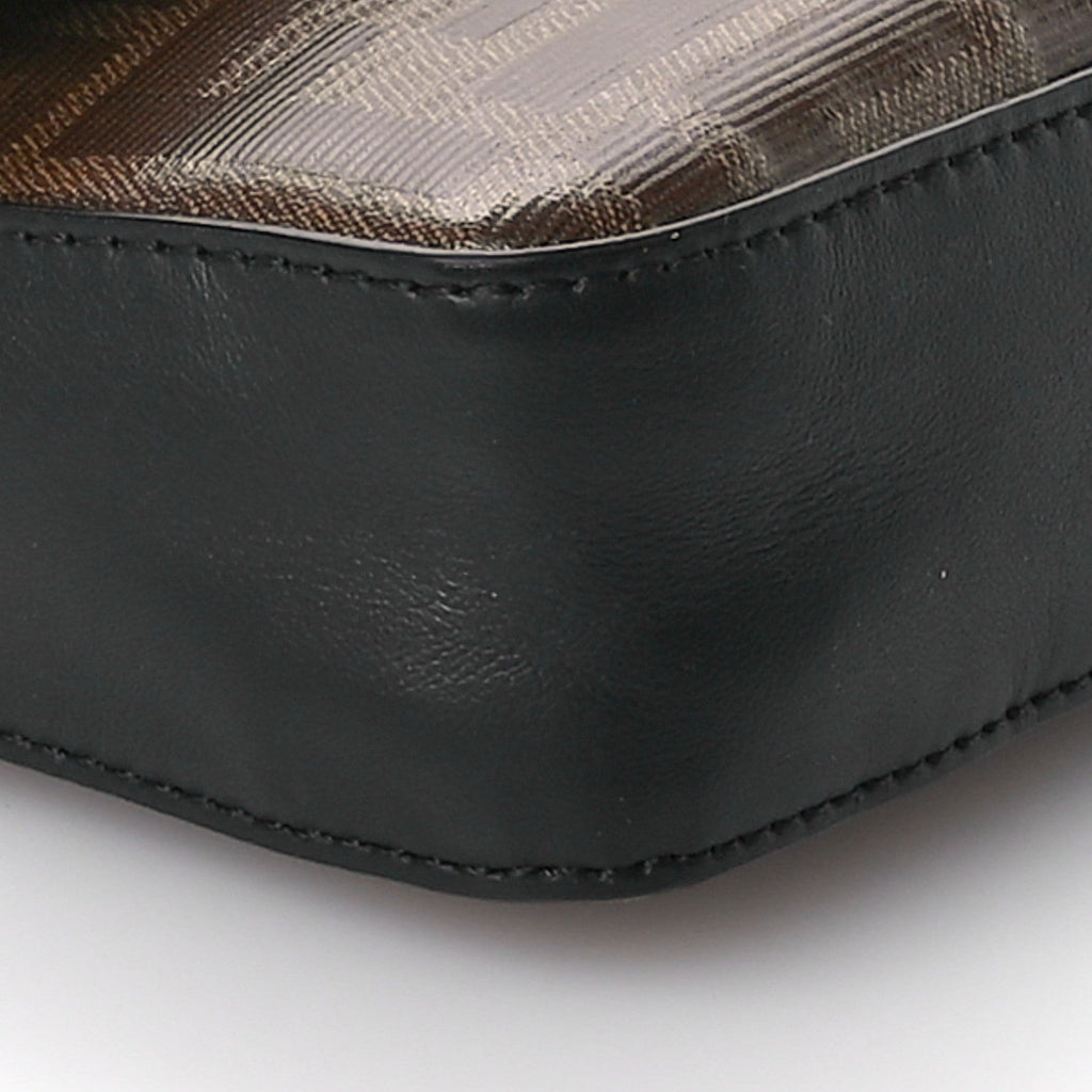 Glazed Fabric Vitello Century FF 1974 Stamp Patch Mini Double F Crossbody Bag Mogano Panna Black