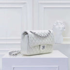 CHANEL CLASSIC DOUBLE FLAP BAG WHITE SILVER HARDWARE 25CM