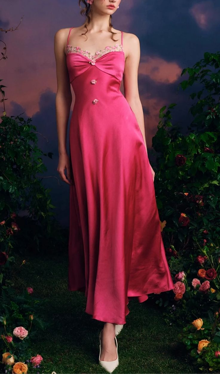 Modern Spaghetti Straps Satin Lace A Line Party Gown Hot Pink Long prom Dress