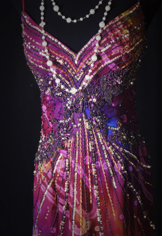 Unique V Neck Purple Spaghetti Straps Chiffon Beaded Mermaid Long Party Dress Evening Gown