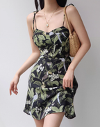 French retro bird print suspender skirt slim fit waist suspender dress holiday short skirt R2807