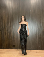 Sexy Black Strapless Satin Sequin Slit Long Party Dress Birthday Prom Dresses SP1037