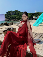 Fairy Island Travel Outfit Halter Neck V-Neck Dress Beach Dress Loose Casual Long Dress R1732