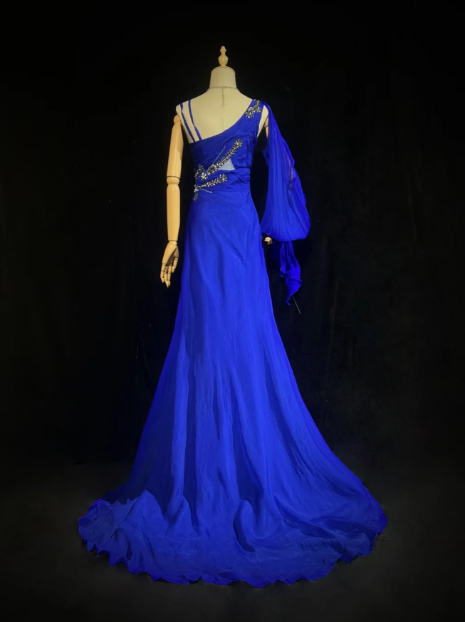 Pretty Royal Blue Chiffon Beaded Mermaid Long Evening Dress Birthday Prom Gown SP1439