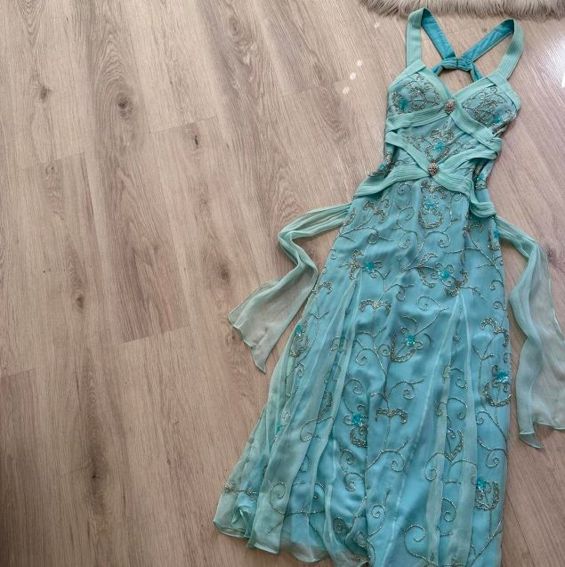 Classy Light Blue V Neck Chiffon Beaded Mermaid Long Party Dress Backless Evening Gown