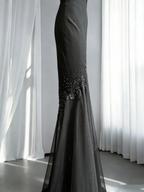 Elegant Spaghetti Straps Black V Neck Chiffon Beaded Mermaid Long Party Dress Formal Evening Dress SP1809