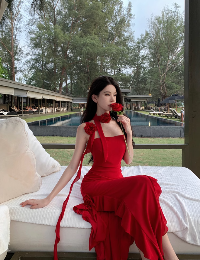 Red suspender dress high-grade irregular chiffon red rose ruffle seaside holiday dress R1470