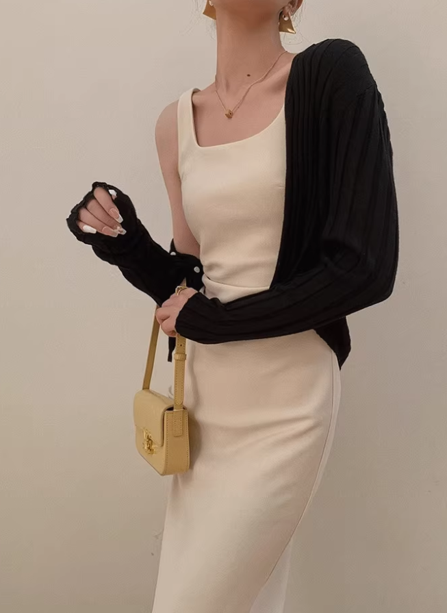 Square neck pleated slim waist suspenders long short hip-wrapped slit dress R1481