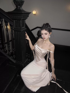 Classy Off The Shoulder Creamy Apricot Satin Tulle Pleated Mermaid Long Wedding Guest Dress Sexy Evening Dress SP2023