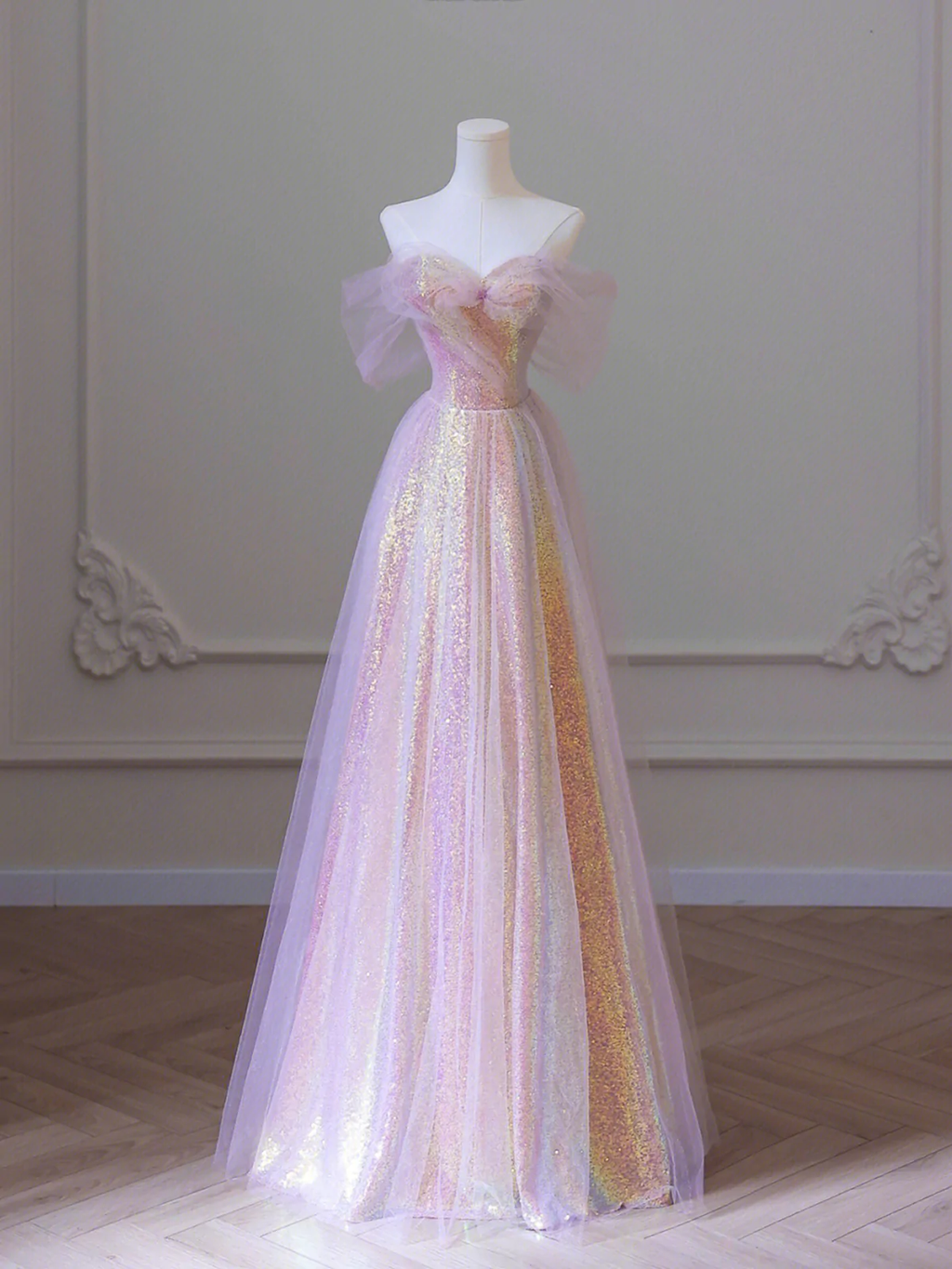 Shiny Tulle Sequins Long Prom Dress, A-Line Off the Shoulder Evening Dress Y1416