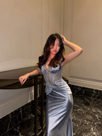 Elegant Spaghetti Straps Blue Satin Beaded Mermaid Long Evening Dress Formal Wedding Guest Dress SP1479