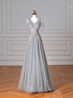 Sparkly Gray Tulle Sequins A Line Prom Dress,Sexy V Neck Evening Dress Y8638