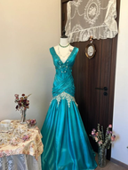 Retro V Neck Blue Satin Beaded Appliques Mermaid Party Dress Long Evening Dress SP1566