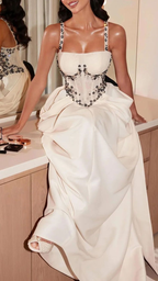 Elegant Spaghetti Straps White Satin Beaded Mermaid Long Party Dress Formal Prom Gown SP361