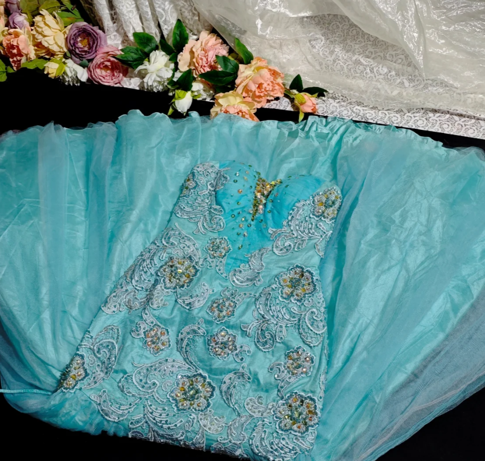 Charming Strapless Blue Tulle Appliques Beaded Mermaid Party Dress Long Birthday Evening Gown