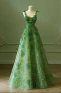 Gorgeous Green Tulle Lace Floral Sequin Long Birthday Party Dress Evening Gown