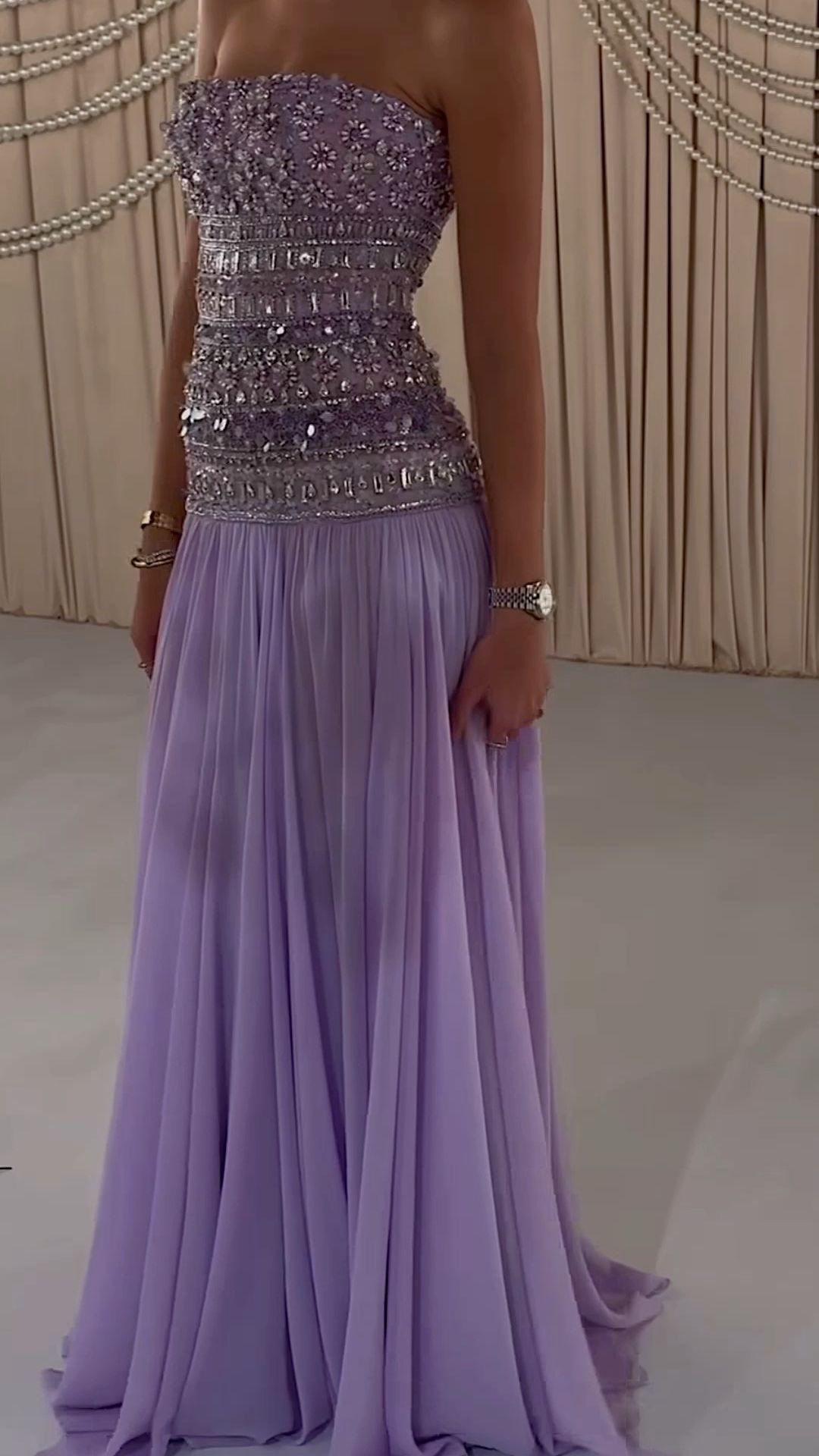 Classy Strapless Purple Chiffon Beaded Long Party Dress Evening Gown