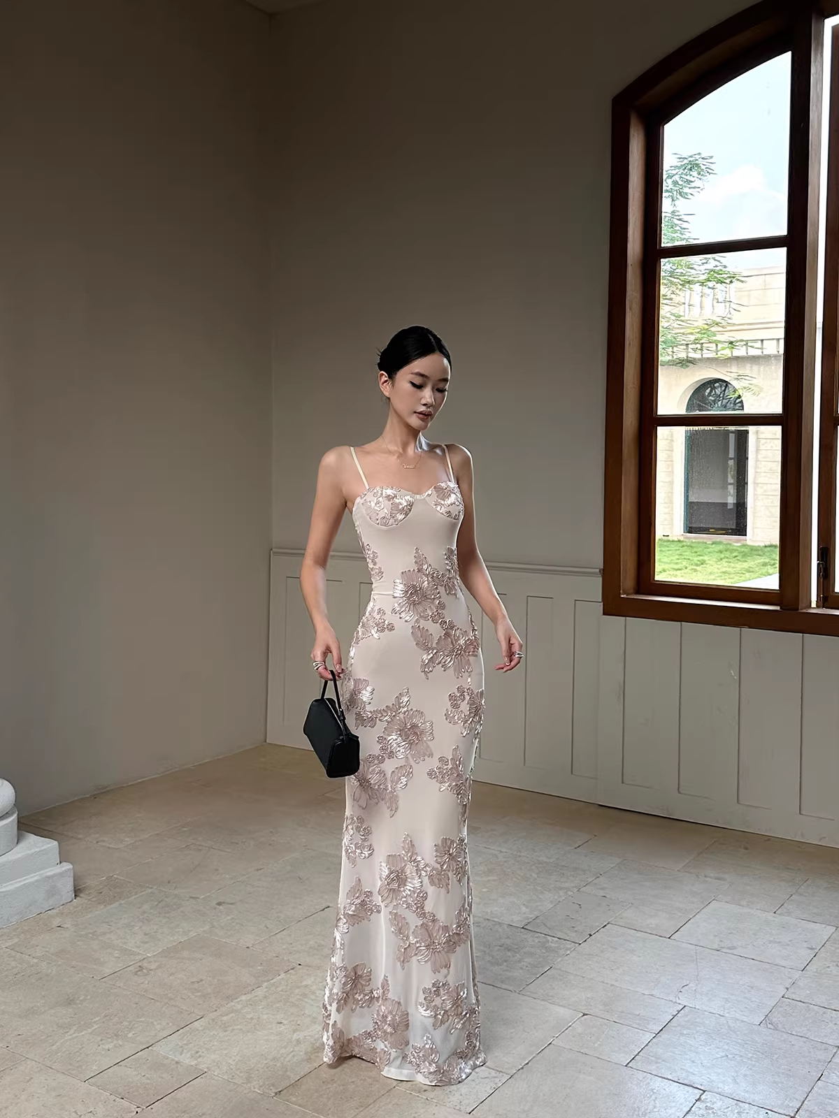 Unique Champagne Satin Floral Mermaid Evening Dress Spaghetti Straps Long Party Gown