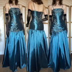 Elegant Spaghetti Straps Blue Satin Beaded Mermaid Long Party Dress Evening Gown