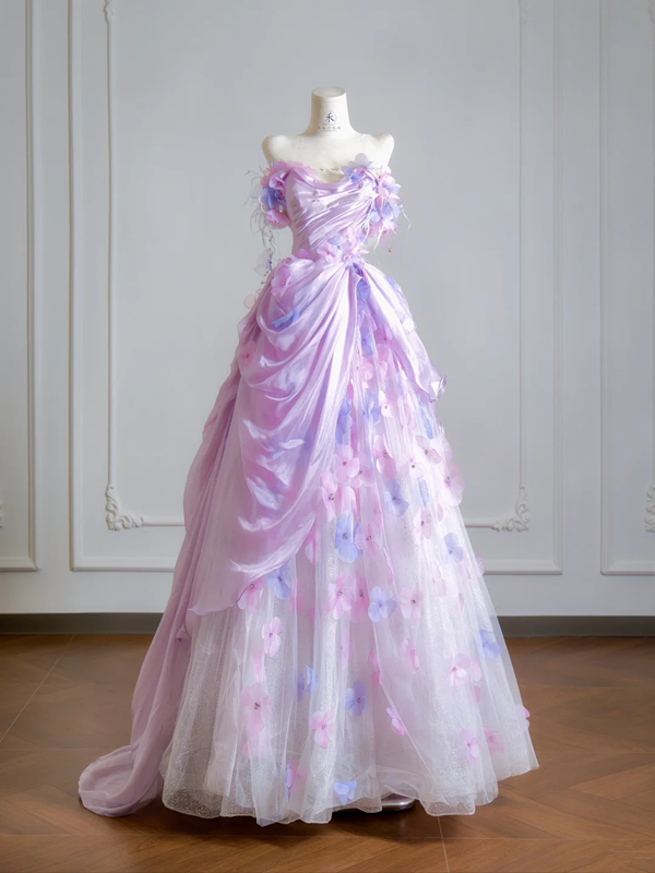 Light purple strapless, fitted waist, elegant long ball gown, bridal dress R8524