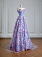 Purple floral halter-neck fitted A-line long ball gown R8146