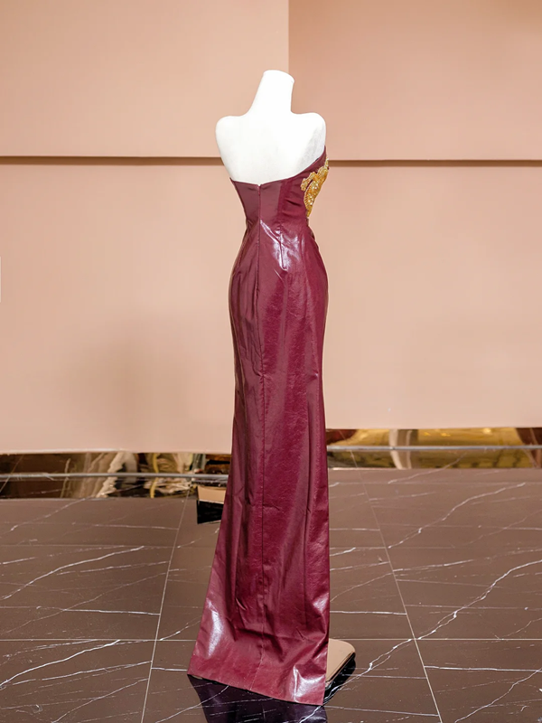 Burgundy strapless fitted waist bodycon sexy long ball gown, bridal dress R8340