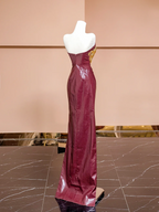 Burgundy strapless fitted waist bodycon sexy long ball gown, bridal dress R8340