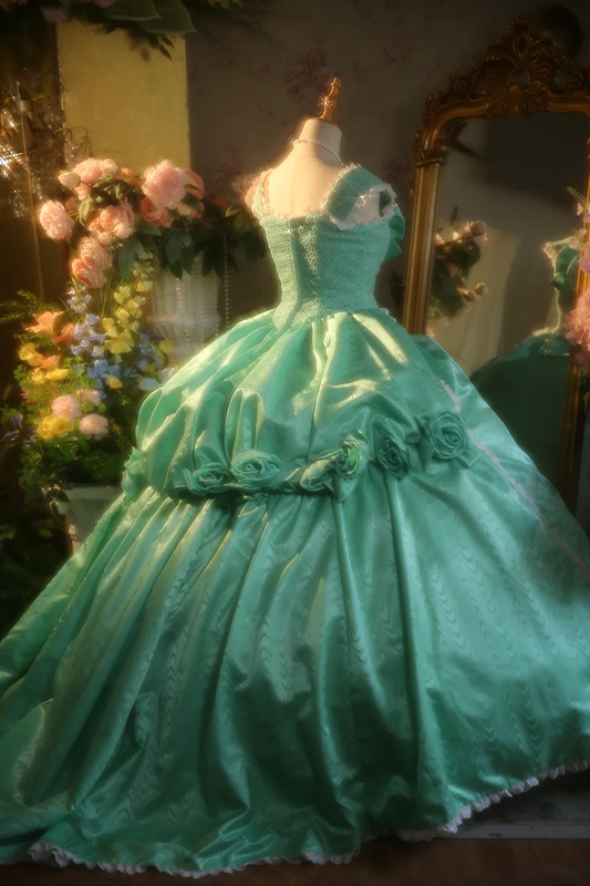 Light green halter-neck fitted waist ball gown with a full skirt R7265