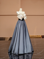 Black top with apricot bow neckline and gray skirt, long ball gown R8374