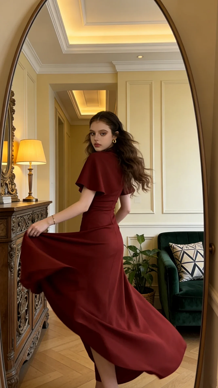 Burgundy shawl fitted waist sexy slit ball gown bridal dress R8585