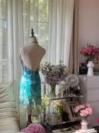 Light blue gradient sequined halter neck fitted waist bodycon short prom dress R7759