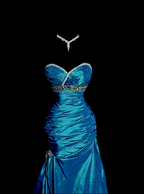 Blue strapless, fitted waist, pleated hips, long fishtail skirt, ball gown R8102