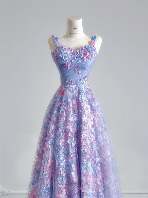 Purple floral halter-neck fitted A-line long ball gown R8146