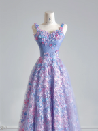 Purple floral halter-neck fitted A-line long ball gown R8146