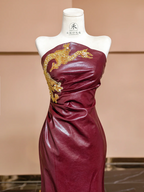 Burgundy strapless fitted waist bodycon sexy long ball gown, bridal dress R8340