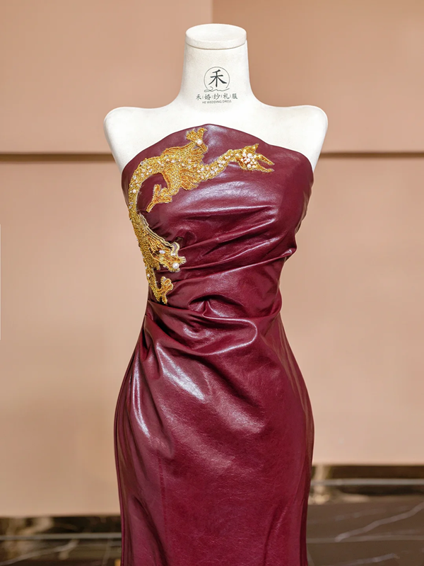 Burgundy strapless fitted waist bodycon sexy long ball gown, bridal dress R8340