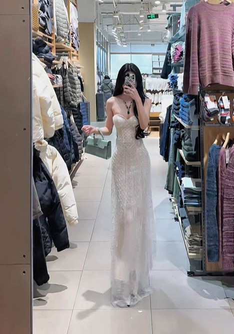 White strapless waist-cinching elegant long prom dress R7919