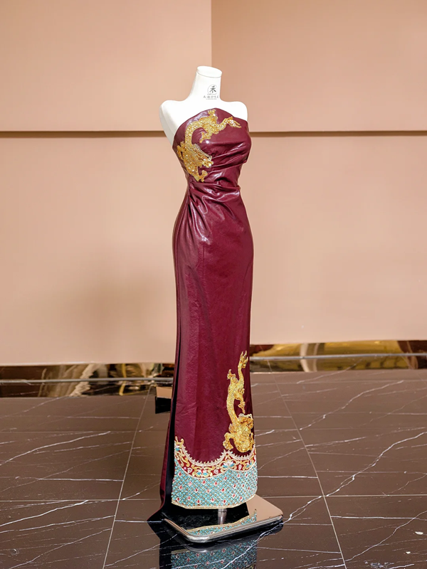 Burgundy strapless fitted waist bodycon sexy long ball gown, bridal dress R8340