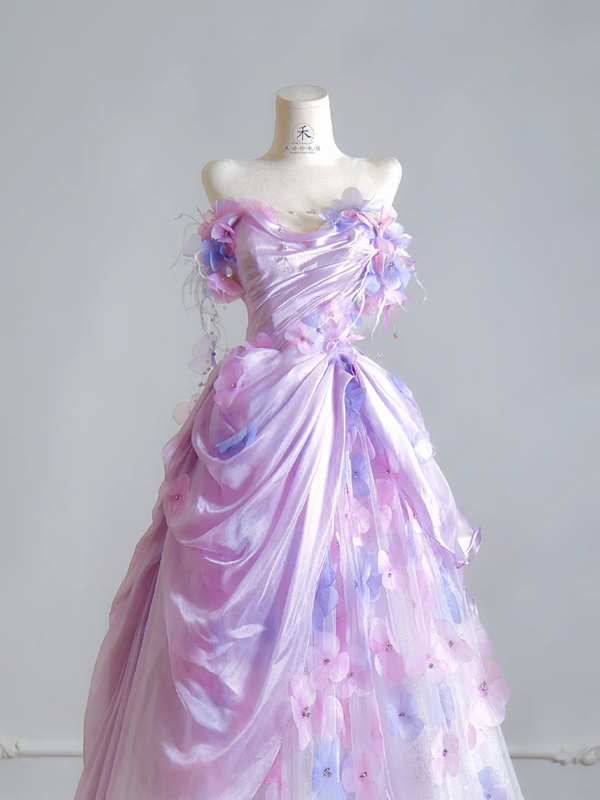 Light purple strapless, fitted waist, elegant long ball gown, bridal dress R8524