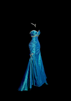 Blue strapless, fitted waist, pleated hips, long fishtail skirt, ball gown R8102