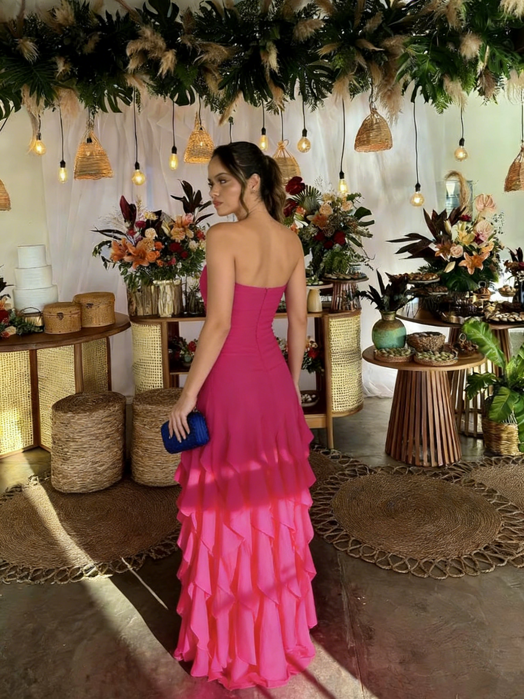 Classy Strapless Hot Pink Chiffon Ruffle Long Evening Dress Prom Gown With Ribbon
