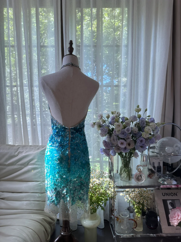Light blue gradient sequined halter neck fitted waist bodycon short prom dress R7759
