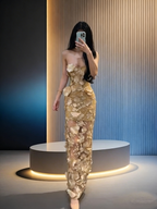 Gold strapless, fitted waist, floral design, bodycon, sexy and elegant ball gown R8038