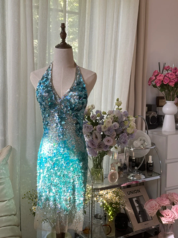 Light blue gradient sequined halter neck fitted waist bodycon short prom dress R7759